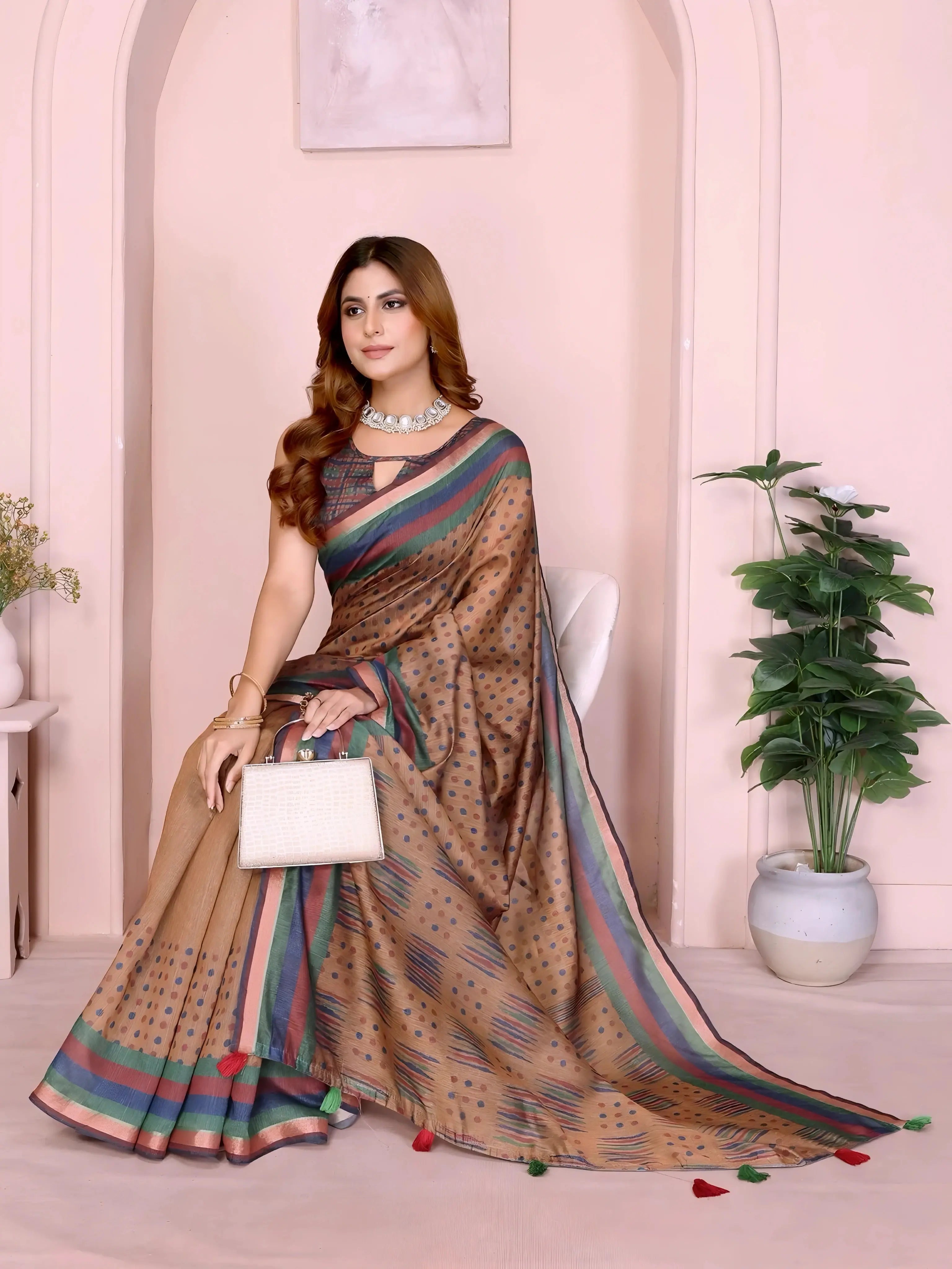 Dark Brown Ikkat Print with Zari Woven Cotton Saree